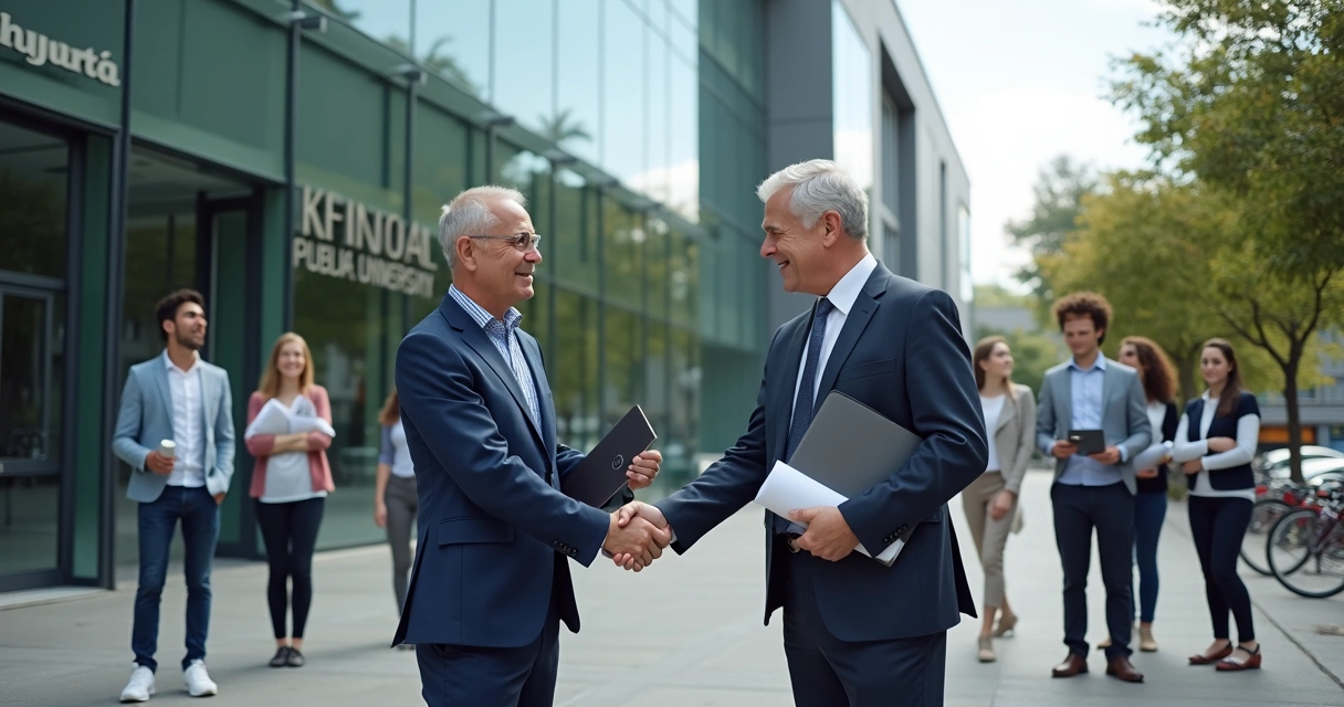 Reitor e prefeito se cumprimentando em frente à universidade