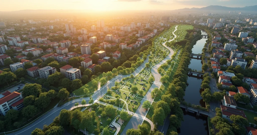Vista aérea mostrando plano urbano sustentável sobreposto à cidade