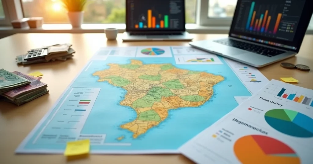 Mesa com mapa da cidade e diagramas coloridos de orçamento bem organizados