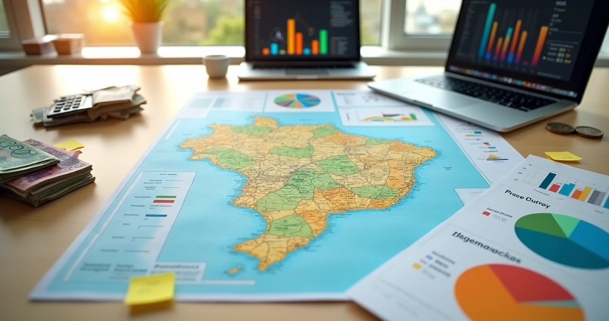 Mesa com mapa da cidade e diagramas coloridos de orçamento bem organizados