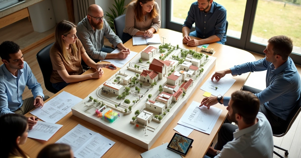 Arquitetos analisam maquete de pequena cidade em mesa ampla