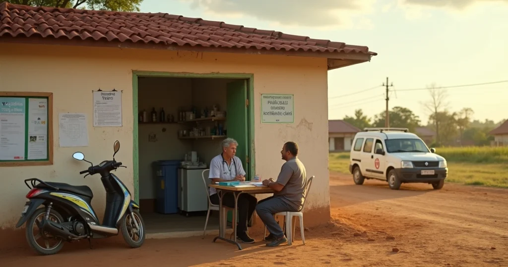 Profissional de saúde atendendo morador em posto de saúde rural simples