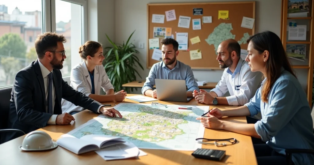 Profissionais liberais apontando ideias em mapa ilustrado de bairro