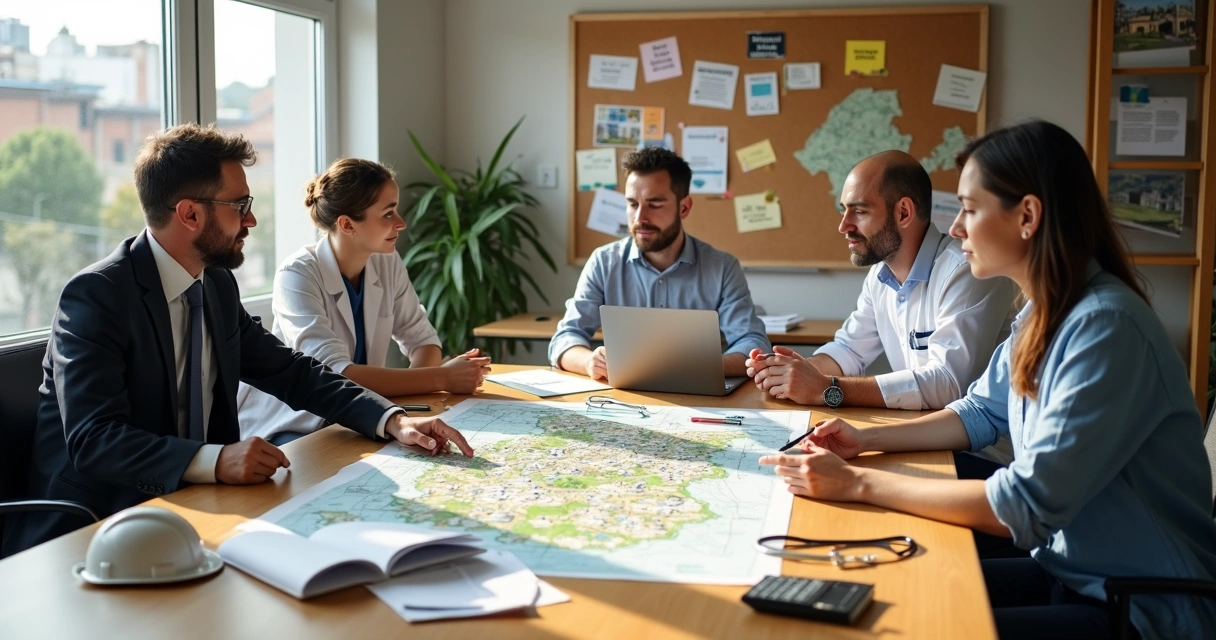 Profissionais liberais apontando ideias em mapa ilustrado de bairro
