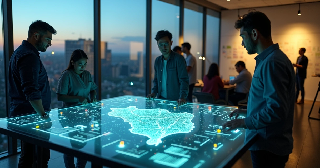 Empreendedores de startup observam mapa digital do Paraná com ícones de tecnologia e leis