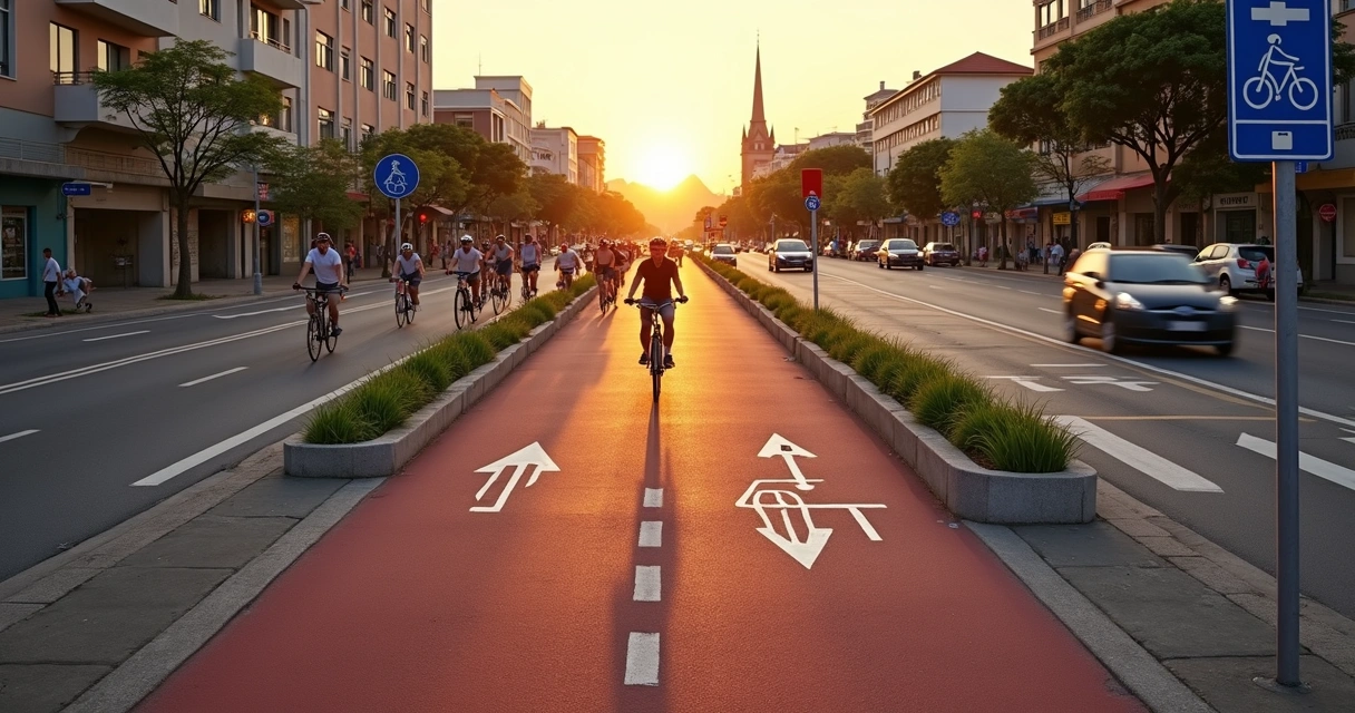 Ciclistas utilizam ciclovia protegida ao lado de avenida em cidade de porte médio