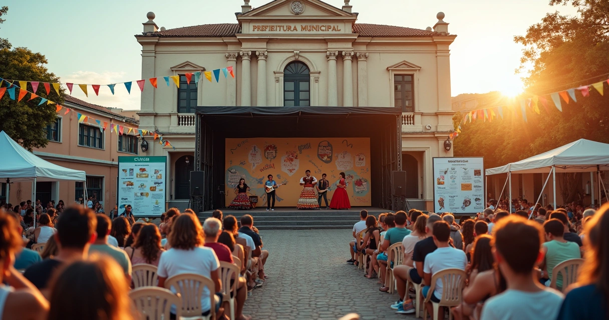 Palco cultural montado em frente à prefeitura com apresentações artísticas locais