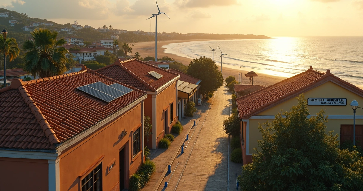 Rua de pequena cidade litorânea com barreira verde contra enchentes e mar ao fundo