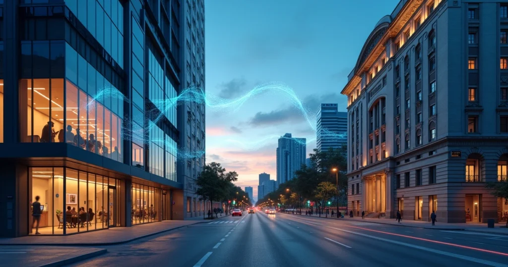 Prédios de prefeitura e startup conectados por luzes digitais em cidade ao entardecer