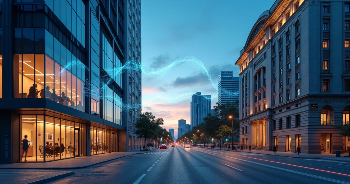 Prédios de prefeitura e startup conectados por luzes digitais em cidade ao entardecer