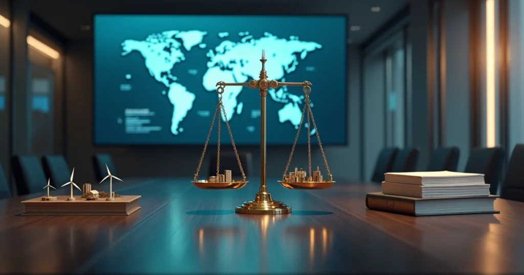 Balança de justiça diante de mapa iluminado do sul do Brasil