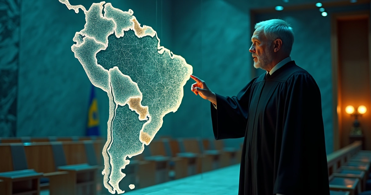 Ministra do STF apontando para mapa do Brasil dividido em estados iluminados