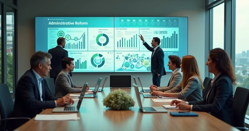 Servidores públicos em Curitiba observam painel com gráficos de reforma administrativa