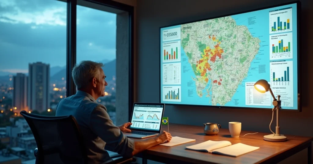 Gestor em gabinete municipal analisando painel digital de indicadores sociais locais