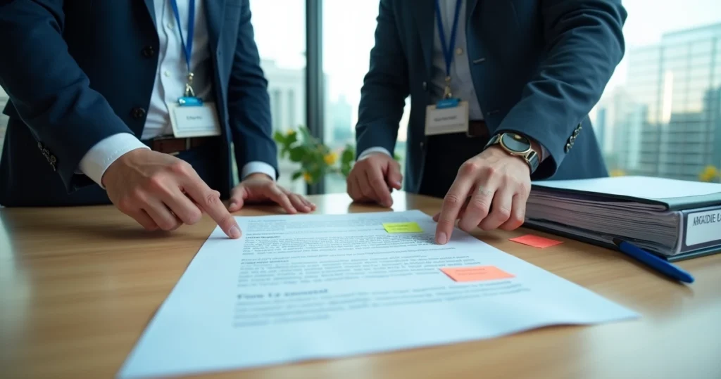 Servidor público revisa contrato com destaque em cláusulas e exigências legais.
