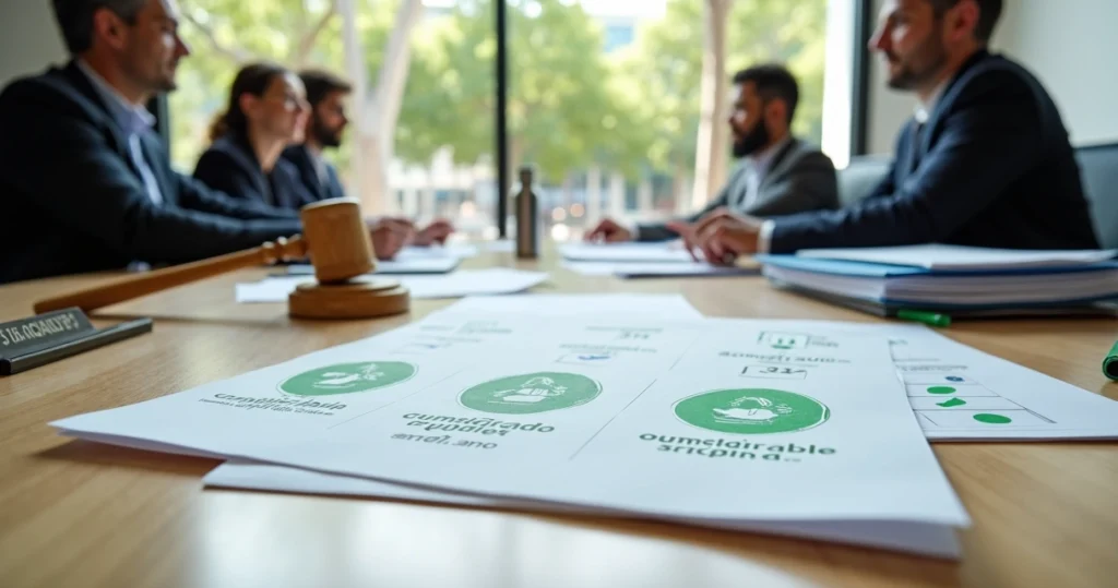 Mesa de licitação com selos verdes de sustentabilidade destacados sobre documentos públicos