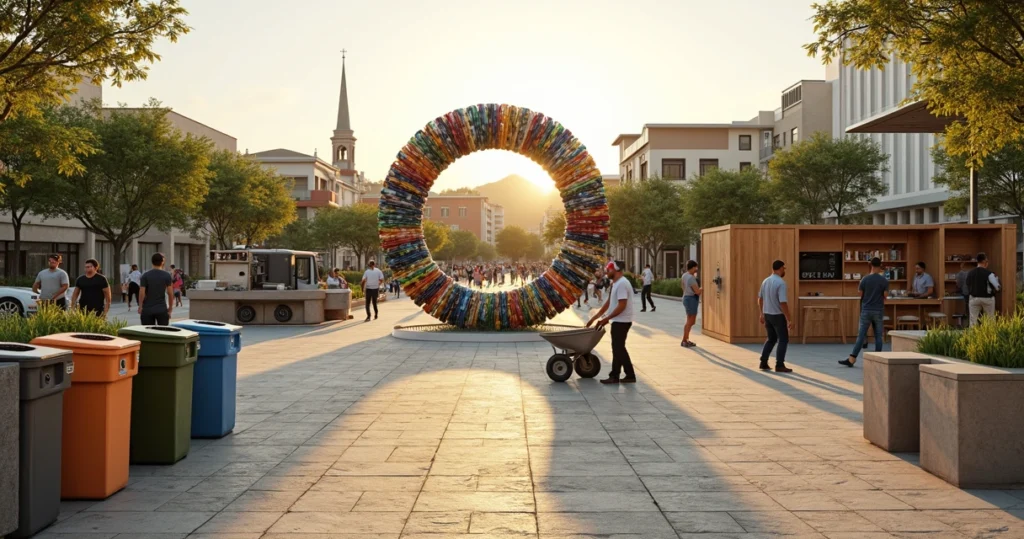 Praça de cidade paranaense com instalações urbanas de economia circular