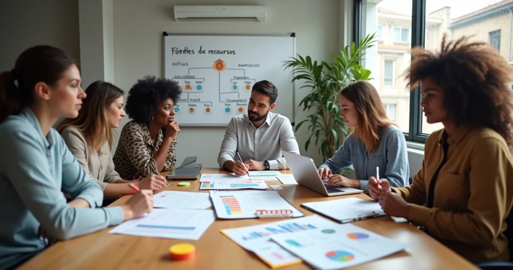 Equipe diversa de ONG organizando tabelas e relatórios de financiamento sobre grande mesa de trabalho
