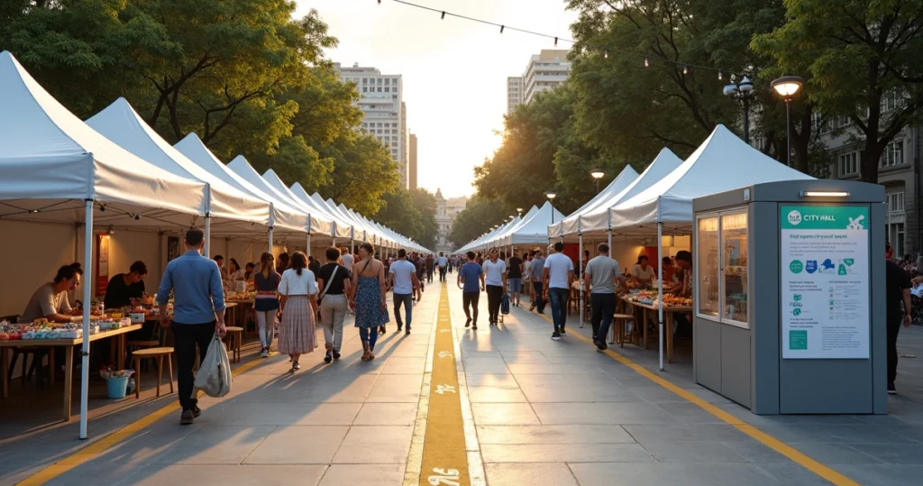 Feira pública ao ar livre com empreendedores organizados em barracas padronizadas