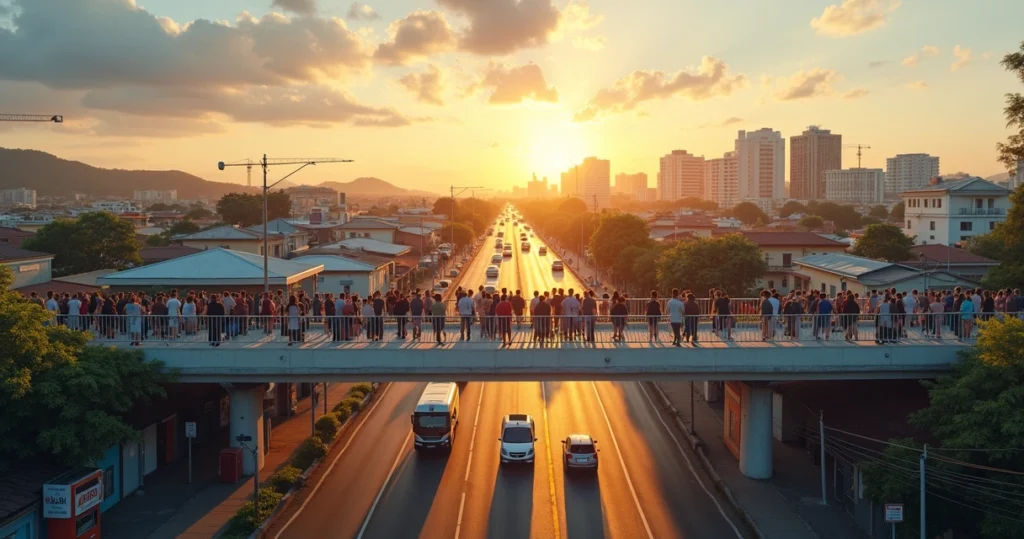 Multidão atravessando passarela sobre avenida em cidade brasileira de porte médio ao entardecer