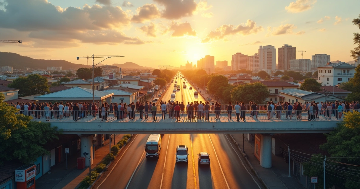 Multidão atravessando passarela sobre avenida em cidade brasileira de porte médio ao entardecer