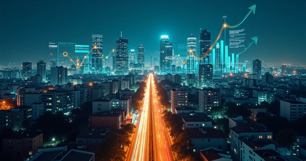 Linha do horizonte de cidade paranaense à noite com gráficos econômicos luminosos no céu