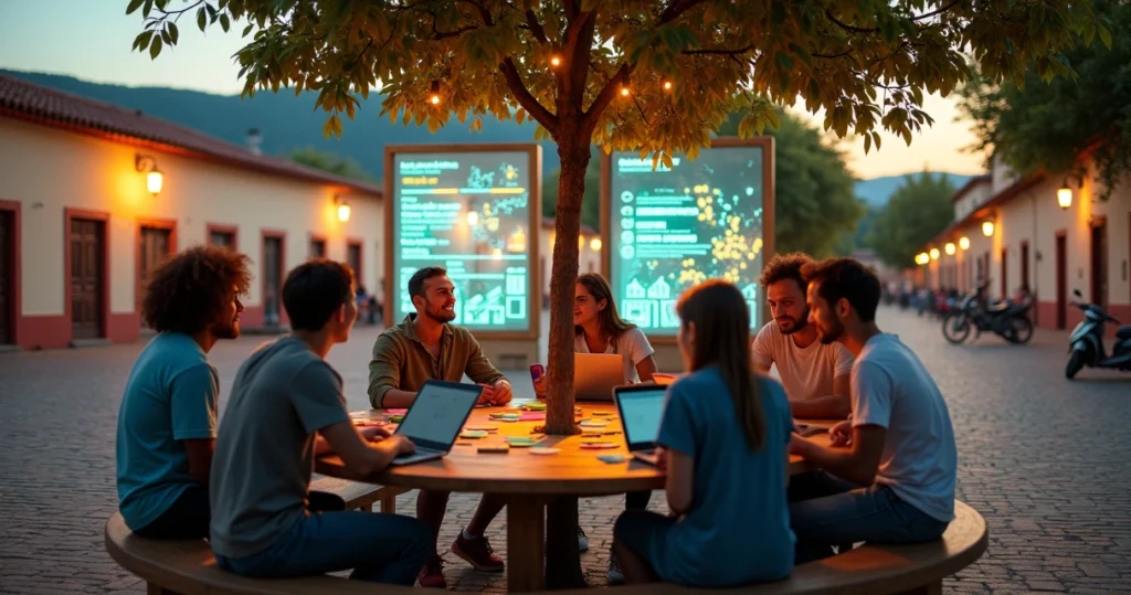 Reunião de jovens em praça central de cidade pequena com painéis digitais de inovação