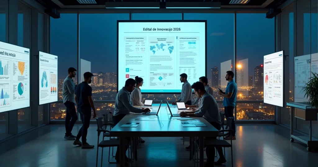 Equipe multidisciplinar analisa edital digital de inovação em laboratório urbano moderno
