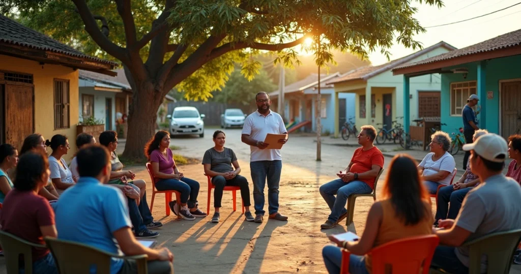 Liderança comunitária conversando com moradores em praça de bairro