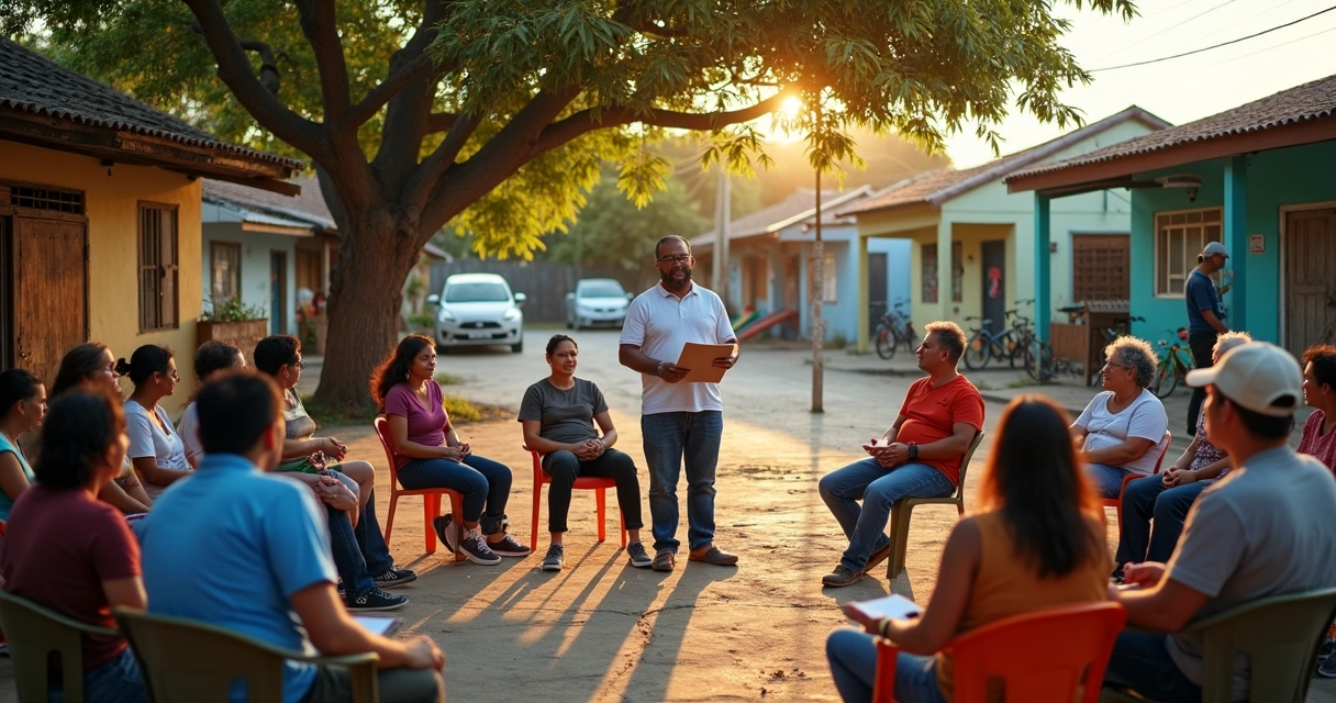 Liderança comunitária conversando com moradores em praça de bairro
