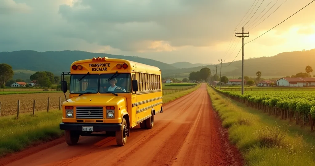 Ônibus escolar rural amarelo em estrada de terra cercada por plantações verdes