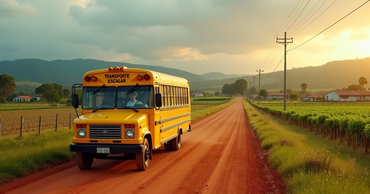 Ônibus escolar rural amarelo em estrada de terra cercada por plantações verdes