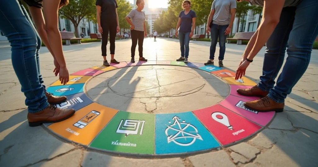 Cidadãos conectando oito ícones coloridos de participação cidadã em praça urbana
