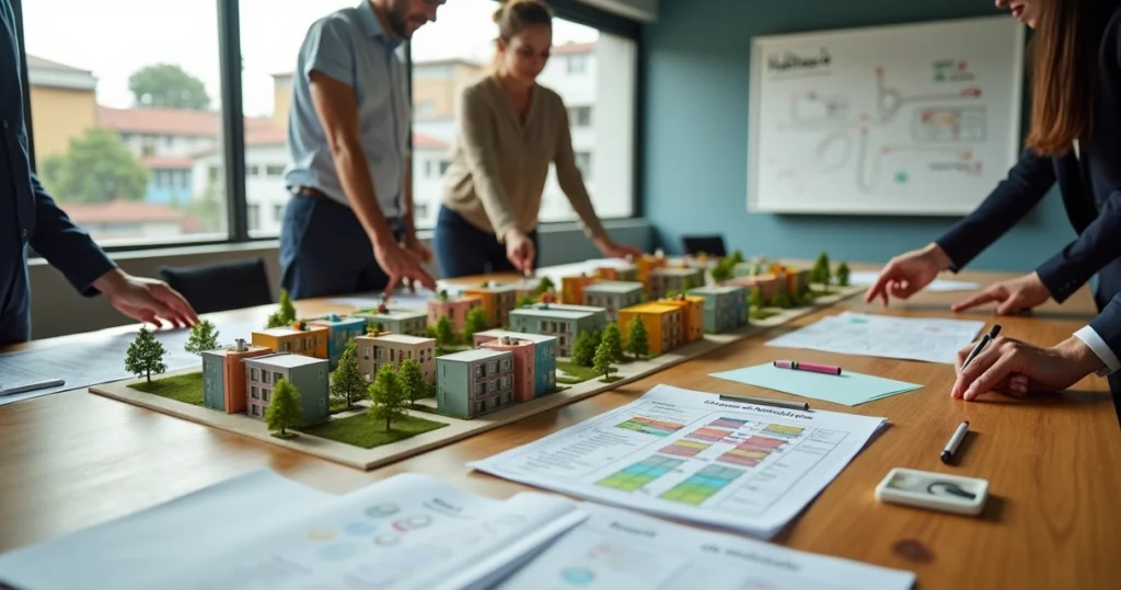 Mesa com maquete de conjunto habitacional e planta urbana sendo analisadas em reunião técnica