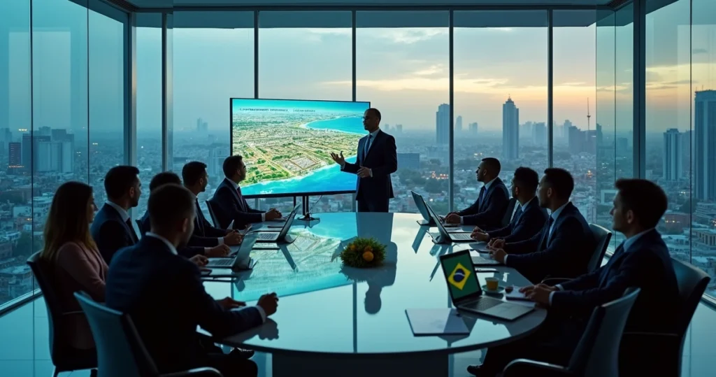 Gestor municipal apresenta projeto urbano a investidores estrangeiros em sala de reunião moderna