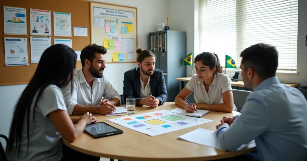Sala de conselho tutelar com conselheiros reunidos em torno de mesa redonda