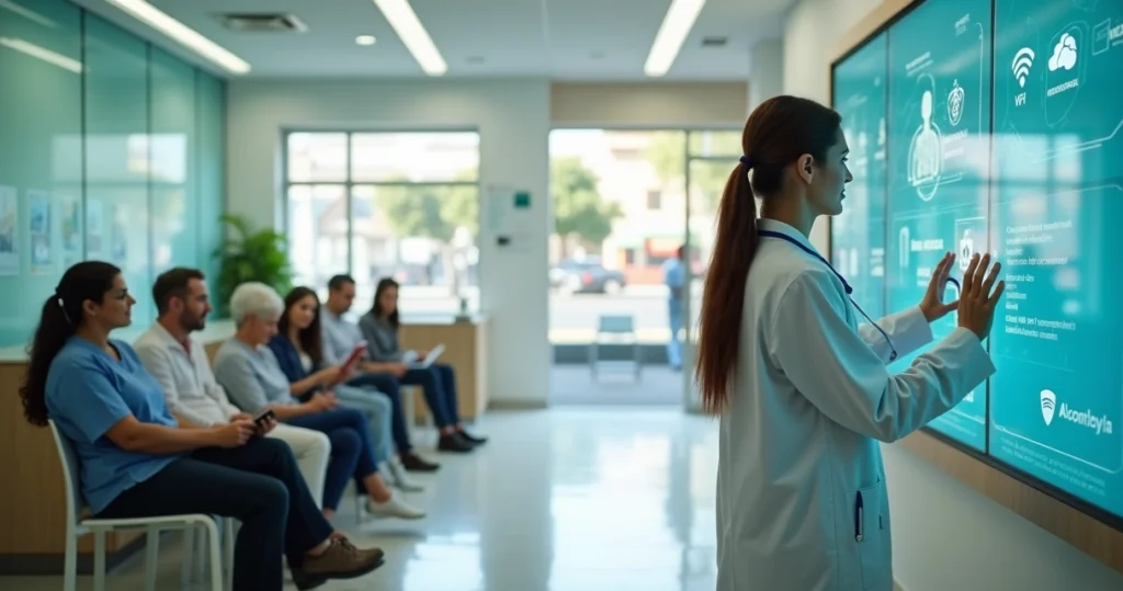 Profissional de saúde acessa prontuário digital em posto de saúde municipal moderno