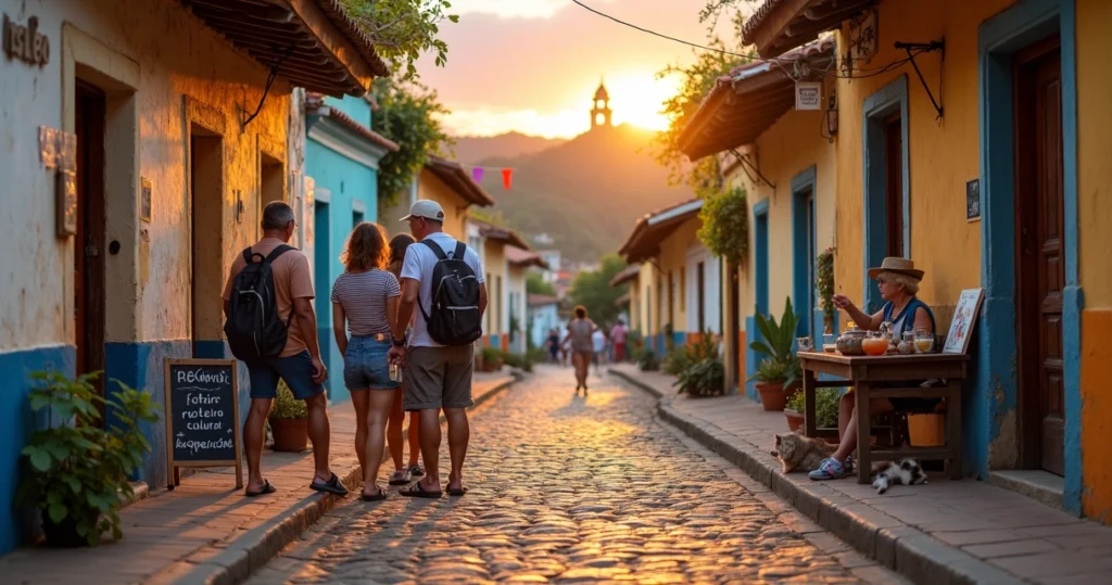Turistas caminhando por rua histórica de pequena cidade brasileira ao entardecer