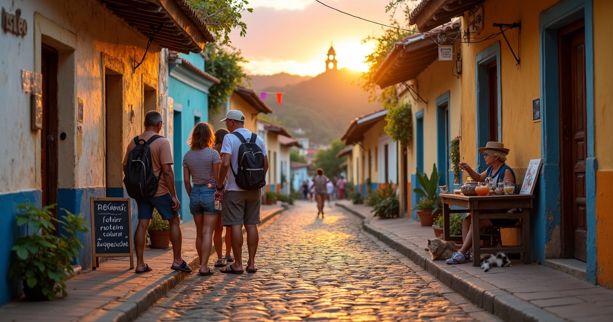Turistas caminhando por rua histórica de pequena cidade brasileira ao entardecer